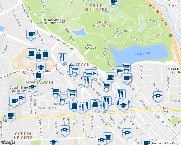 map of restaurants, bars, coffee shops, grocery stores, and more near 2806 Auchentoroly Terrace in Baltimore