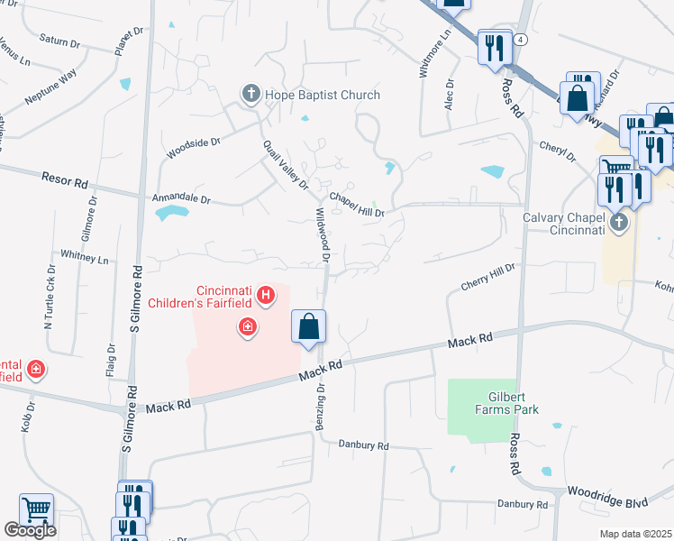 map of restaurants, bars, coffee shops, grocery stores, and more near 8 South Applewood Court in Fairfield