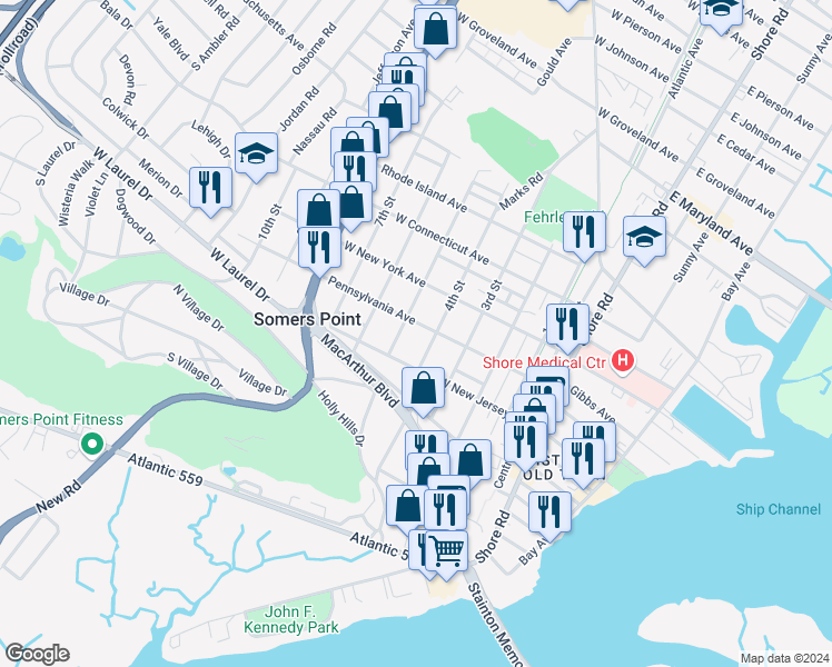 map of restaurants, bars, coffee shops, grocery stores, and more near 412 Pennsylvania Avenue in Somers Point