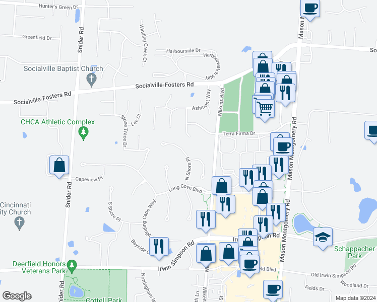 map of restaurants, bars, coffee shops, grocery stores, and more near 5386 North Shore Place in Mason