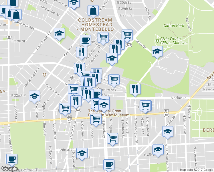 map of restaurants, bars, coffee shops, grocery stores, and more near 1637 Normal Avenue in Baltimore