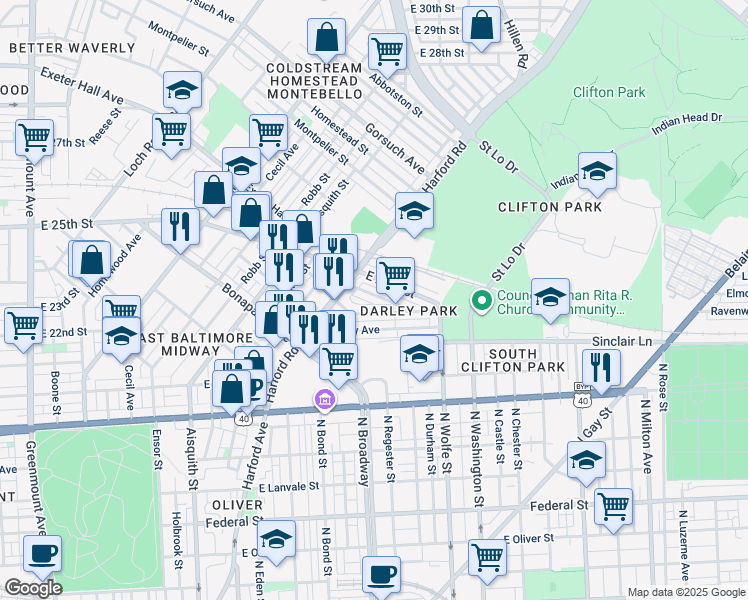 map of restaurants, bars, coffee shops, grocery stores, and more near 1637 Normal Avenue in Baltimore
