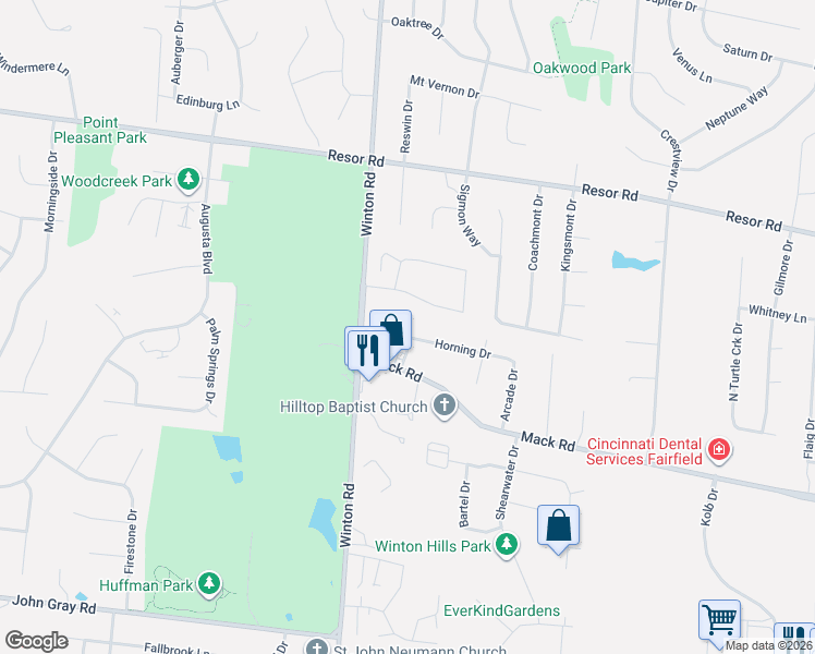 map of restaurants, bars, coffee shops, grocery stores, and more near 2353 Horning Drive in Fairfield
