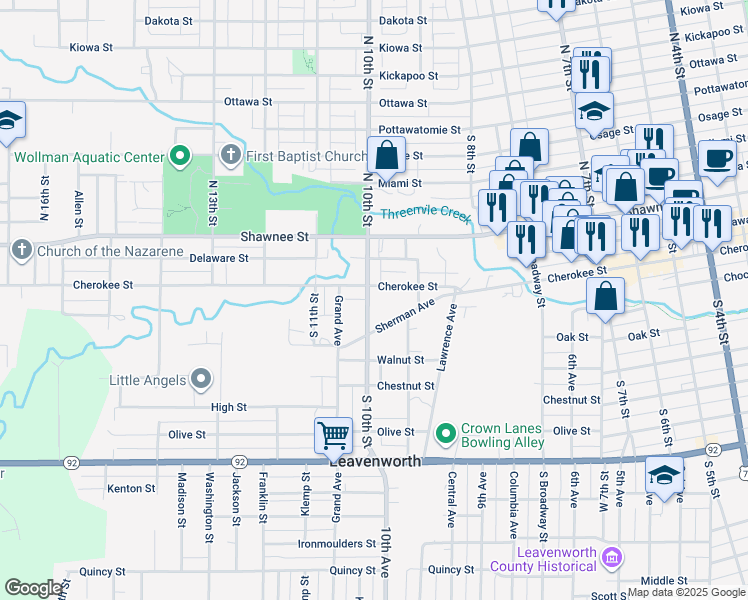 map of restaurants, bars, coffee shops, grocery stores, and more near 930 Sherman Avenue in Leavenworth