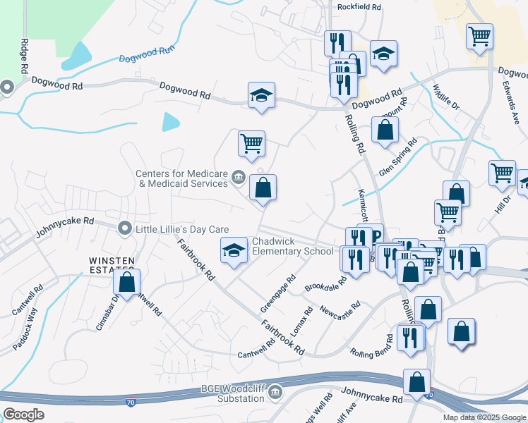 map of restaurants, bars, coffee shops, grocery stores, and more near 7500 Security Boulevard in Baltimore