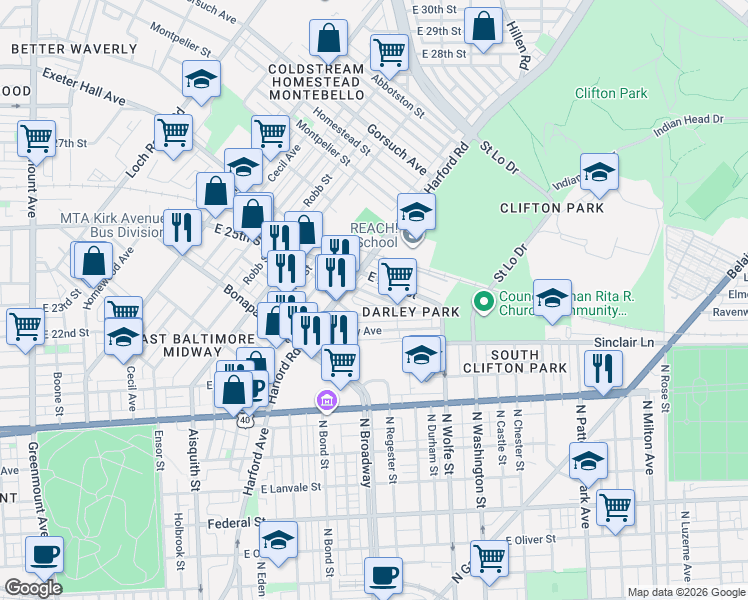 map of restaurants, bars, coffee shops, grocery stores, and more near 1633 Normal Avenue in Baltimore