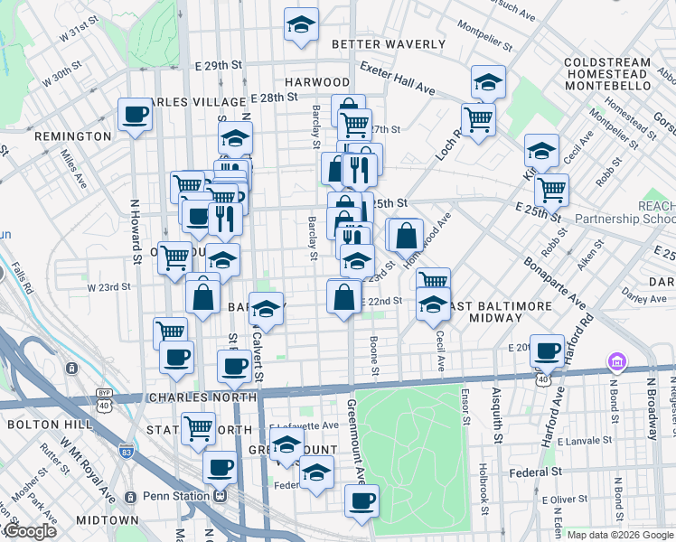 map of restaurants, bars, coffee shops, grocery stores, and more near 426 East 23rd Street in Baltimore