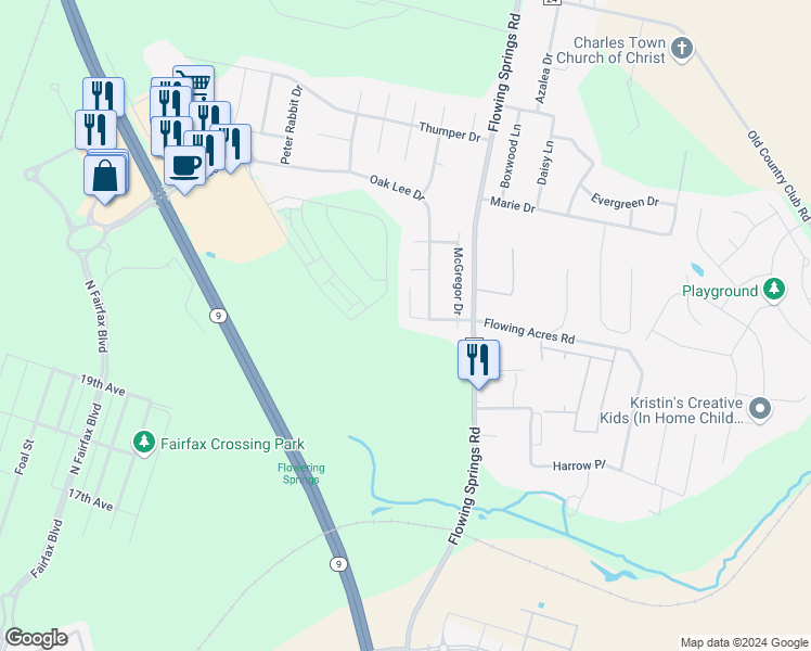 map of restaurants, bars, coffee shops, grocery stores, and more near 137 Briar Run Drive in Ranson