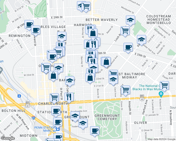 map of restaurants, bars, coffee shops, grocery stores, and more near 422 East 23rd Street in Baltimore