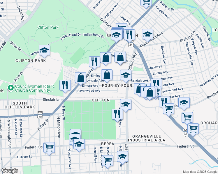 map of restaurants, bars, coffee shops, grocery stores, and more near 3403 Elmora Avenue in Baltimore