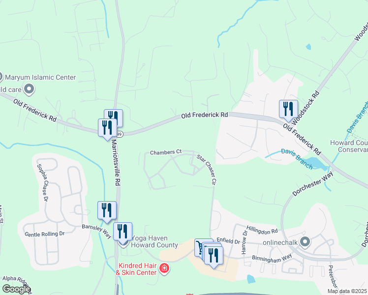 map of restaurants, bars, coffee shops, grocery stores, and more near 11072 Chambers Court in Ellicott City