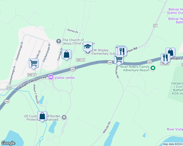 map of restaurants, bars, coffee shops, grocery stores, and more near U.S. 340 in Millville
