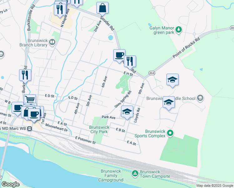 map of restaurants, bars, coffee shops, grocery stores, and more near 704 East F Street in Brunswick