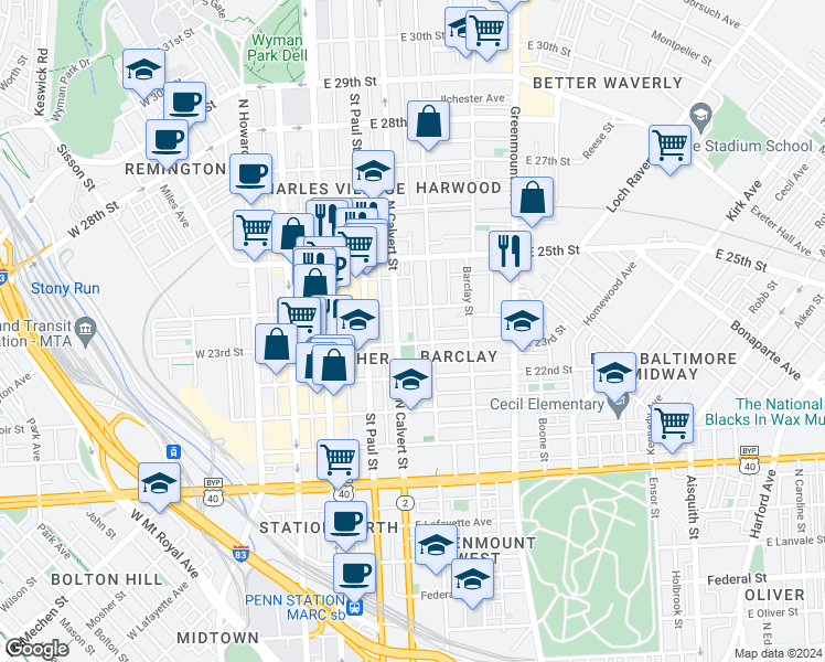 map of restaurants, bars, coffee shops, grocery stores, and more near 2300 Hunter Street in Baltimore