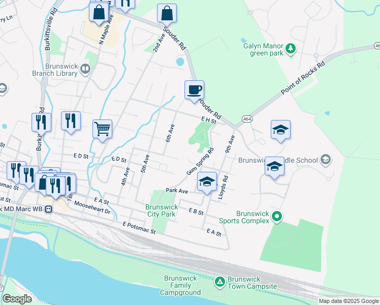 map of restaurants, bars, coffee shops, grocery stores, and more near 704 East F Street in Brunswick