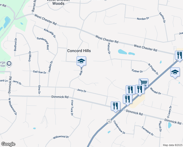 map of restaurants, bars, coffee shops, grocery stores, and more near 9316 Minuteman Way in Butler County