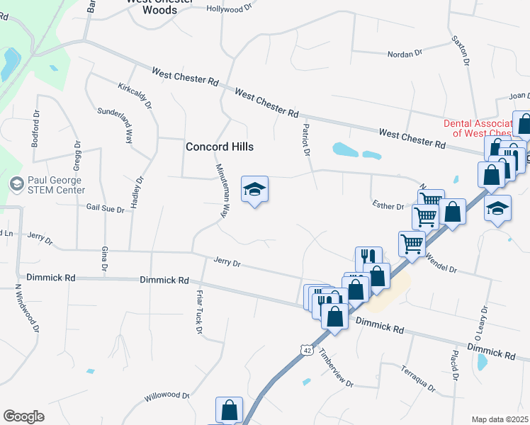 map of restaurants, bars, coffee shops, grocery stores, and more near 9316 Minuteman Way in Butler County