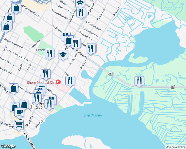 map of restaurants, bars, coffee shops, grocery stores, and more near 15 Kappella Avenue in Somers Point