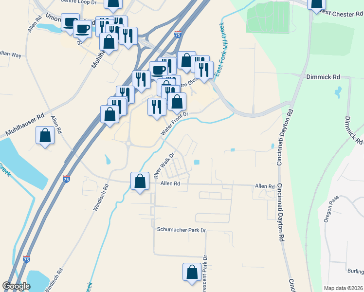 map of restaurants, bars, coffee shops, grocery stores, and more near 6120 Village Centre Avenue in Butler County