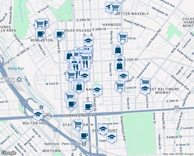 map of restaurants, bars, coffee shops, grocery stores, and more near 2304 N Hunter St in Baltimore