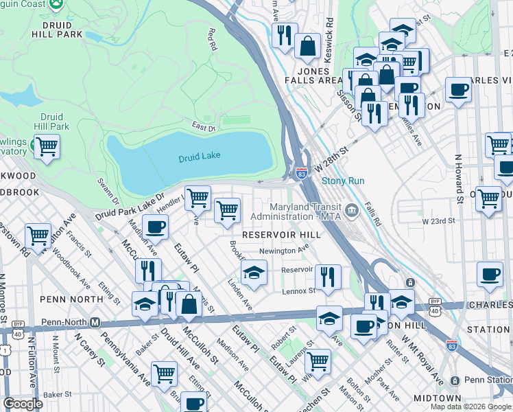 map of restaurants, bars, coffee shops, grocery stores, and more near 2435 Lakeview Avenue in Baltimore