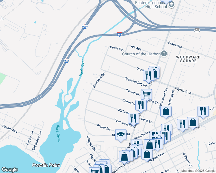 map of restaurants, bars, coffee shops, grocery stores, and more near 315 Savannah Road in Essex