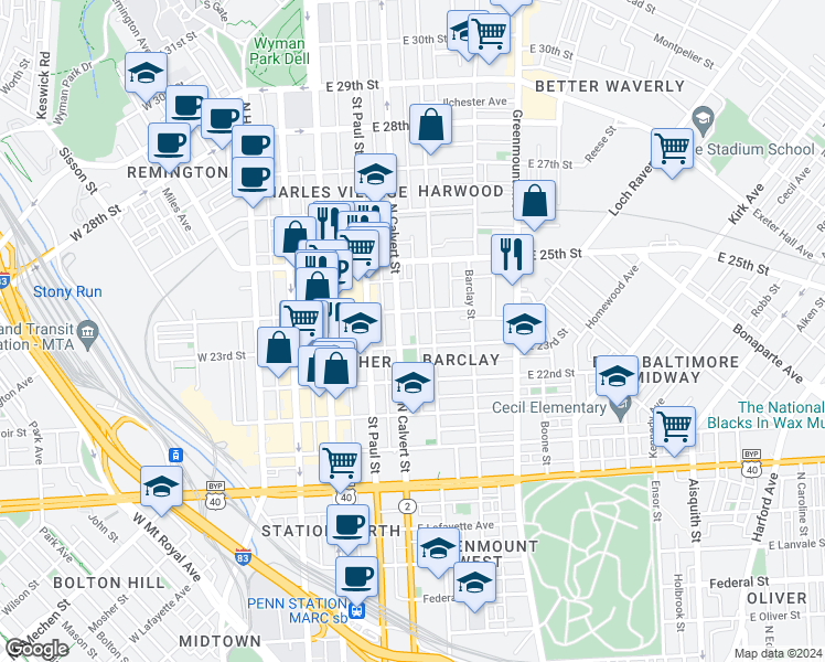 map of restaurants, bars, coffee shops, grocery stores, and more near 2306 Hunter Street in Baltimore