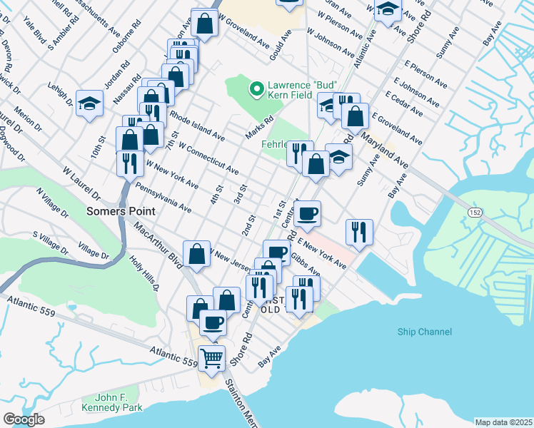 map of restaurants, bars, coffee shops, grocery stores, and more near 121 West New York Avenue in Somers Point