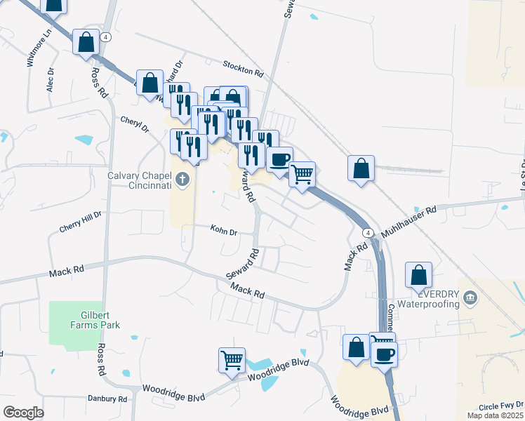map of restaurants, bars, coffee shops, grocery stores, and more near 7505 Tollgate Court in Hamilton