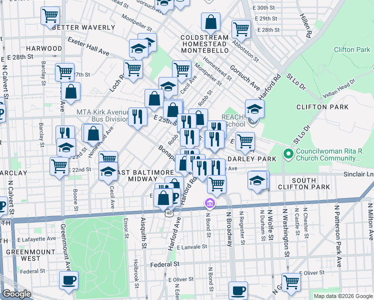 map of restaurants, bars, coffee shops, grocery stores, and more near 2228 Aiken Street in Baltimore