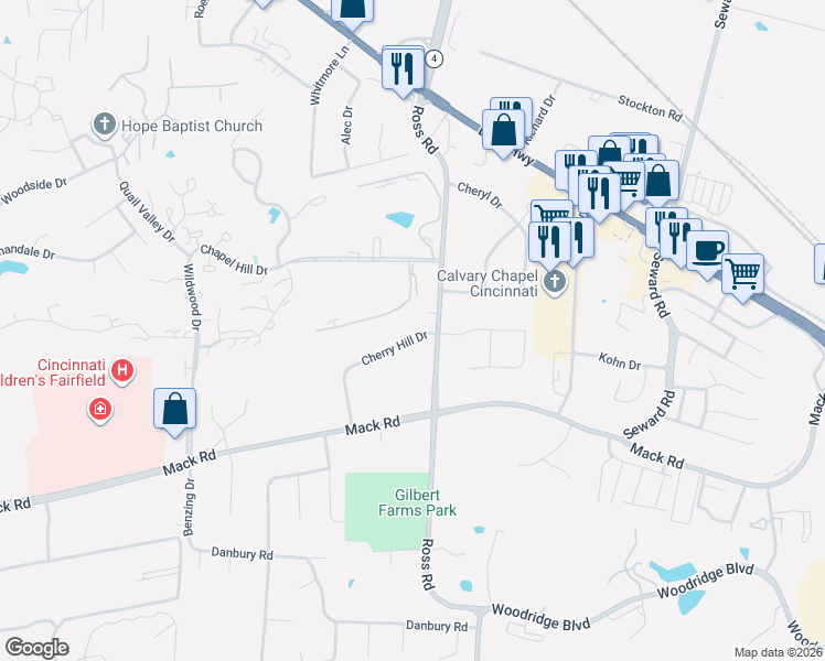 map of restaurants, bars, coffee shops, grocery stores, and more near 63 Woodstock Drive in Fairfield