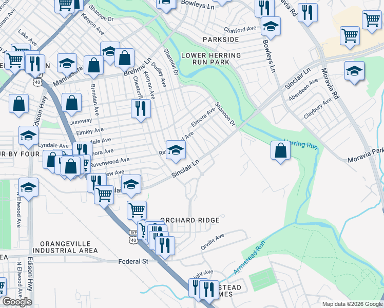 map of restaurants, bars, coffee shops, grocery stores, and more near 4112 Dudley Avenue in Baltimore