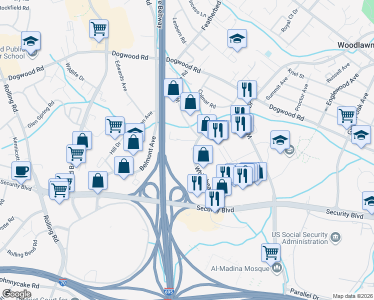 map of restaurants, bars, coffee shops, grocery stores, and more near 1726 Whitehead Road in Baltimore