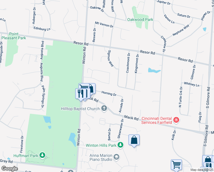 map of restaurants, bars, coffee shops, grocery stores, and more near 2382 Royal Manor Place in Fairfield