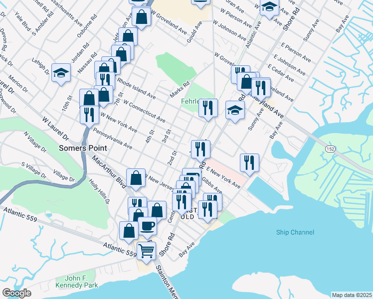 map of restaurants, bars, coffee shops, grocery stores, and more near 121 West New York Avenue in Somers Point