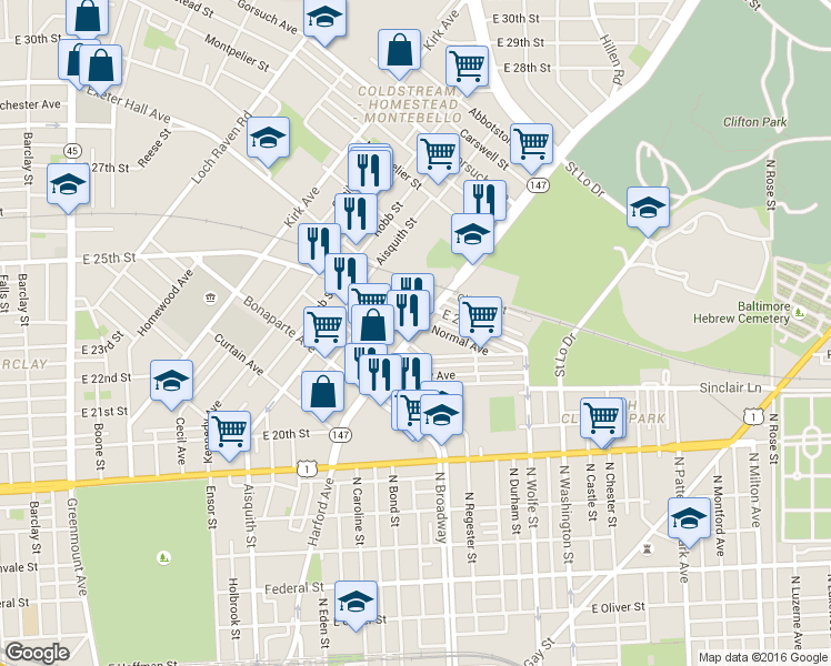 map of restaurants, bars, coffee shops, grocery stores, and more near 2330 Harford Rd in Baltimore