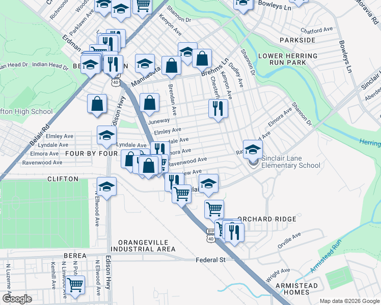 map of restaurants, bars, coffee shops, grocery stores, and more near 3723 Elmora Avenue in Baltimore