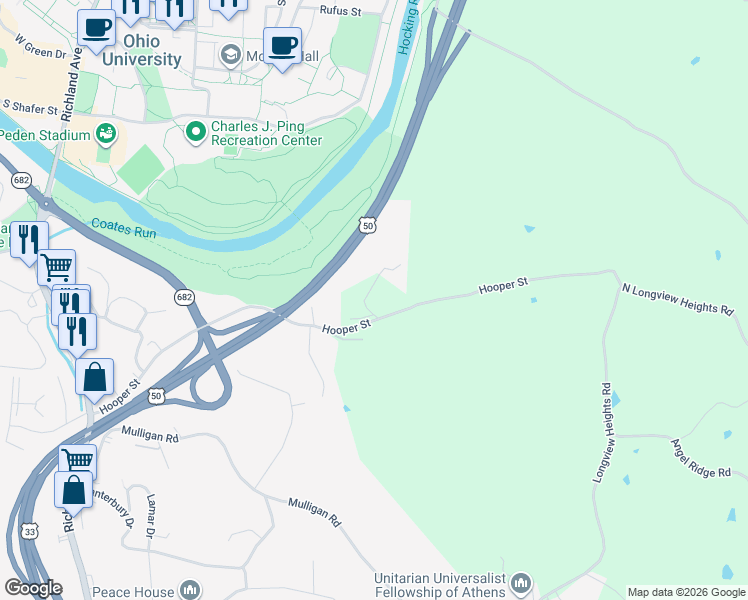 map of restaurants, bars, coffee shops, grocery stores, and more near 5 Monticello Drive in Athens
