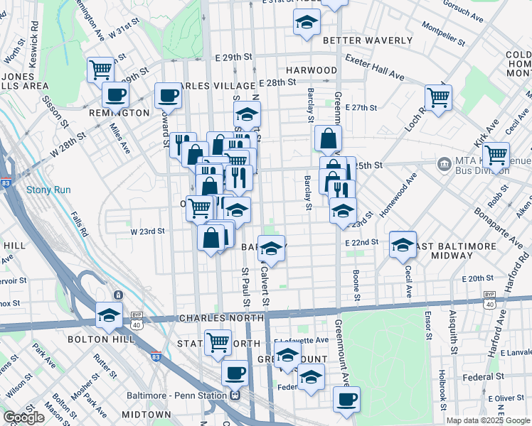 map of restaurants, bars, coffee shops, grocery stores, and more near 2323 North Calvert Street in Baltimore