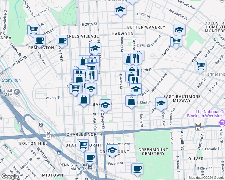 map of restaurants, bars, coffee shops, grocery stores, and more near 2321 Guilford Avenue in Baltimore