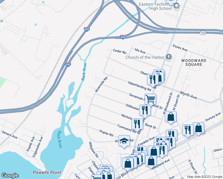 map of restaurants, bars, coffee shops, grocery stores, and more near 315 Savannah Road in Essex