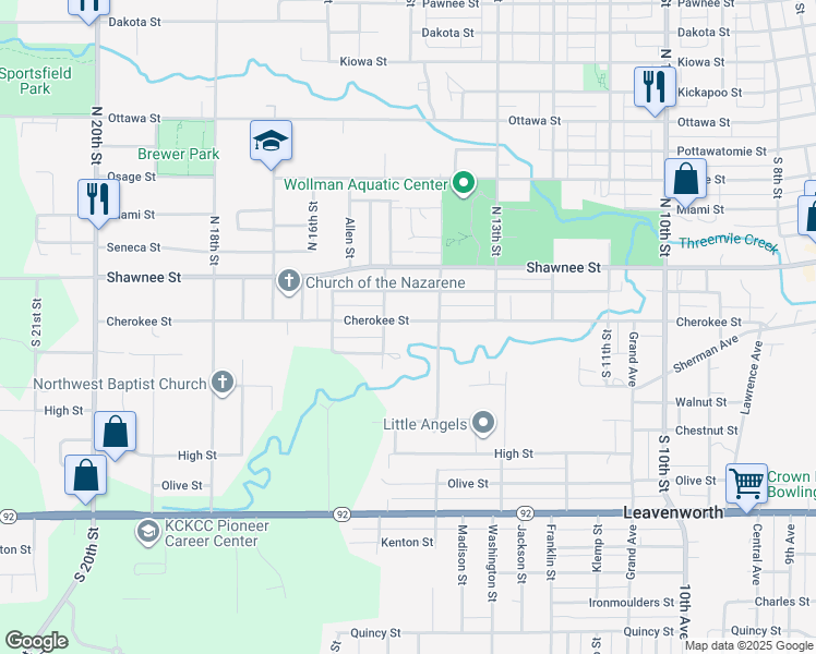 map of restaurants, bars, coffee shops, grocery stores, and more near 1415 Cherokee Street in Leavenworth