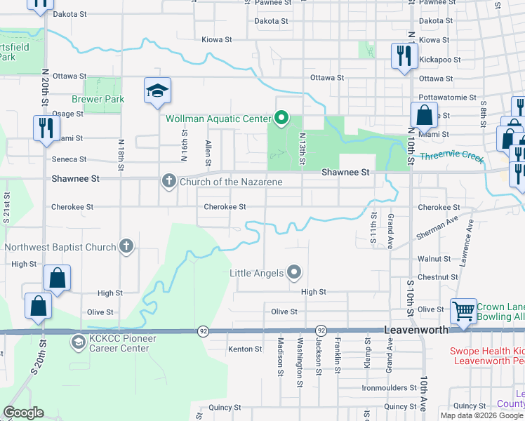 map of restaurants, bars, coffee shops, grocery stores, and more near 1401 Cherokee Street in Leavenworth