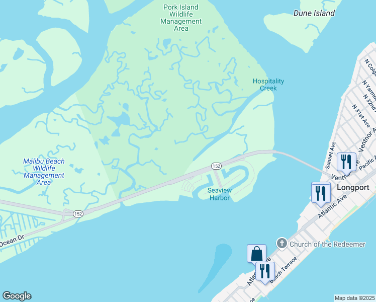 map of restaurants, bars, coffee shops, grocery stores, and more near Seaview Drive in Longport