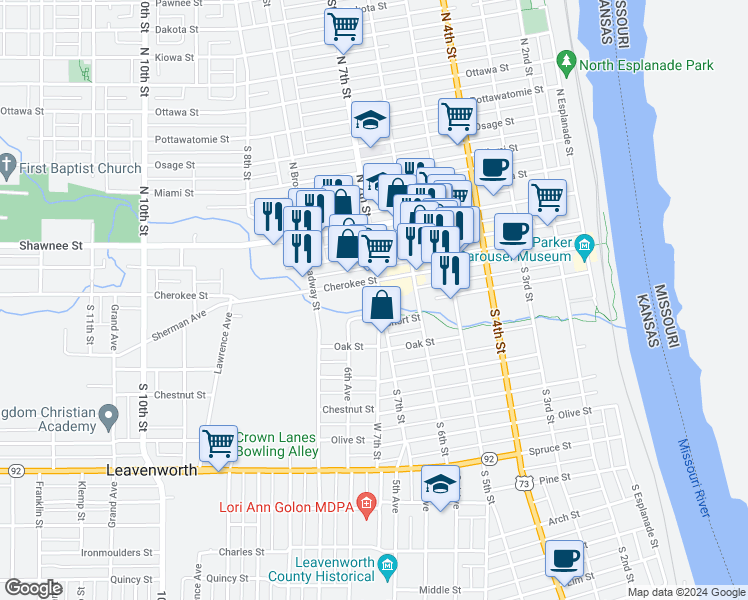 map of restaurants, bars, coffee shops, grocery stores, and more near 709 Cherokee Street in Leavenworth