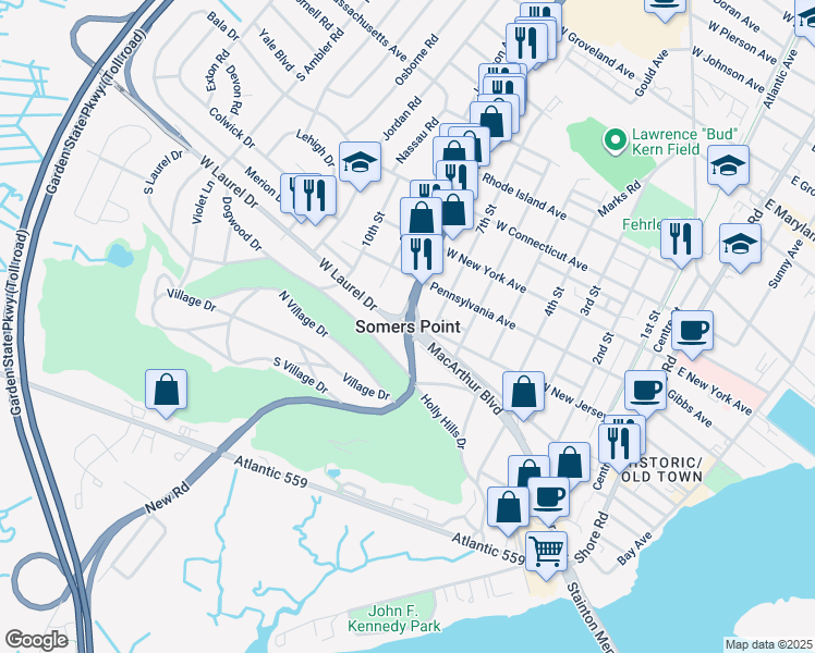 map of restaurants, bars, coffee shops, grocery stores, and more near in Somers Point