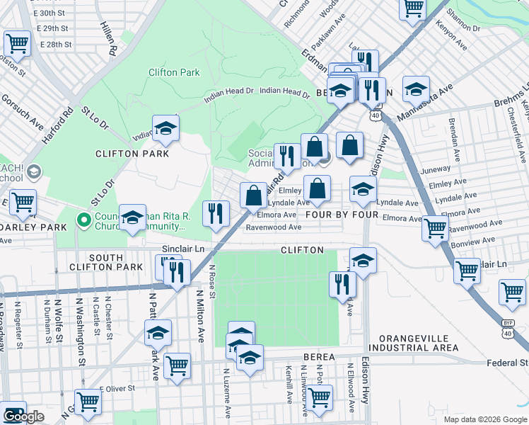 map of restaurants, bars, coffee shops, grocery stores, and more near 3146 Elmora Avenue in Baltimore