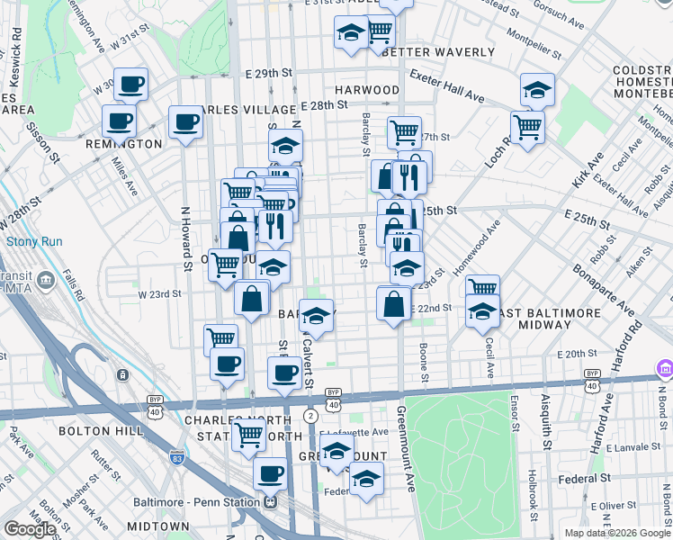map of restaurants, bars, coffee shops, grocery stores, and more near 2323 Guilford Avenue in Baltimore