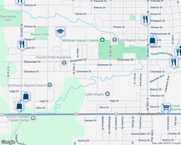 map of restaurants, bars, coffee shops, grocery stores, and more near 1416 Cherokee Street in Leavenworth