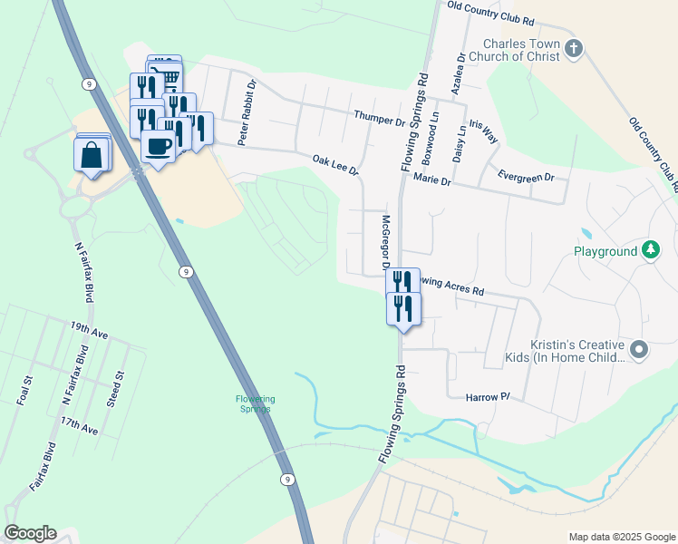 map of restaurants, bars, coffee shops, grocery stores, and more near 143 Briar Run Drive in Ranson